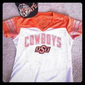 Oklahoma State football jersey and hat